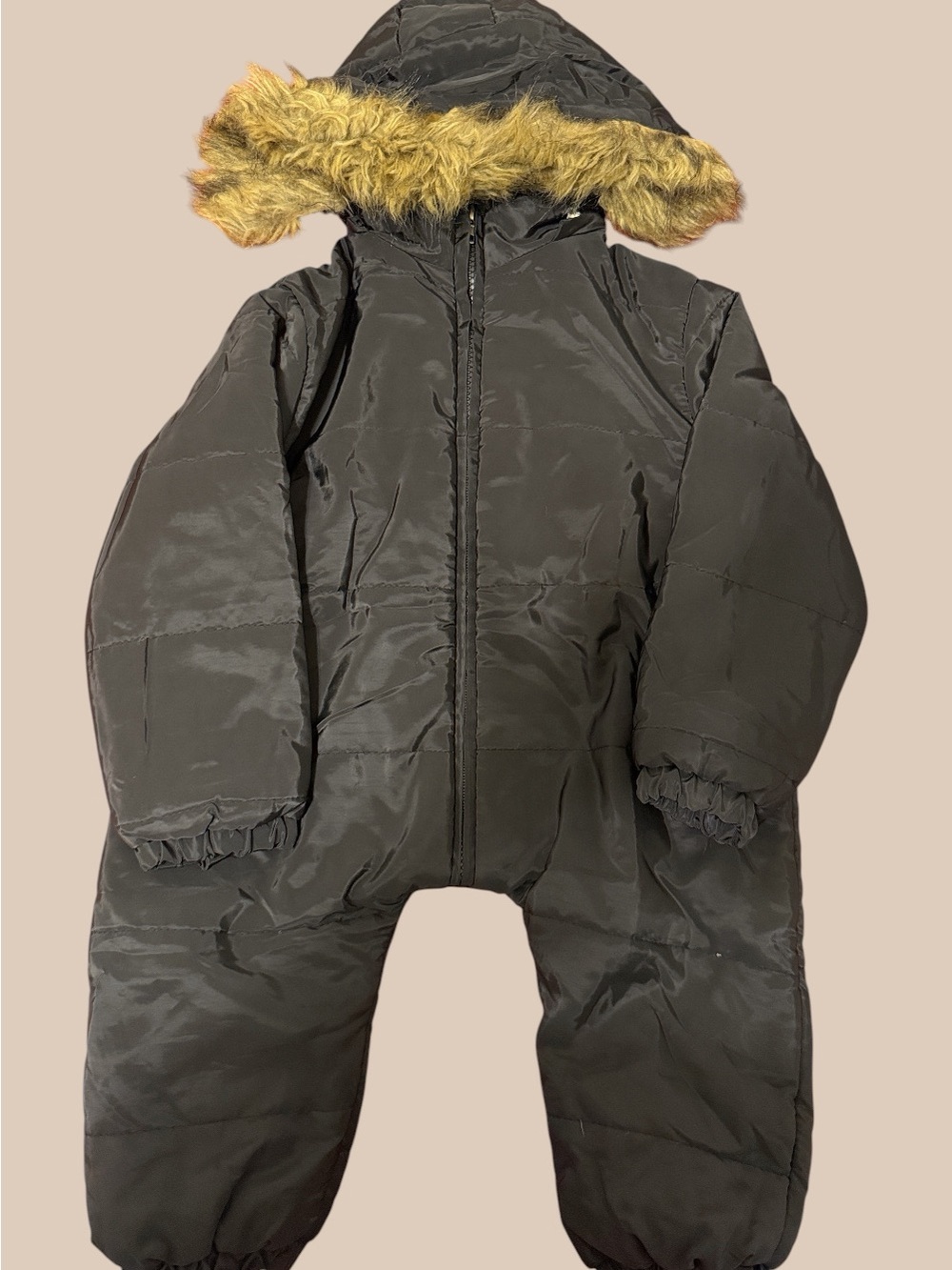 Unbranded Kids Olive Green Puffer Raincoat with Faux Fur Hood